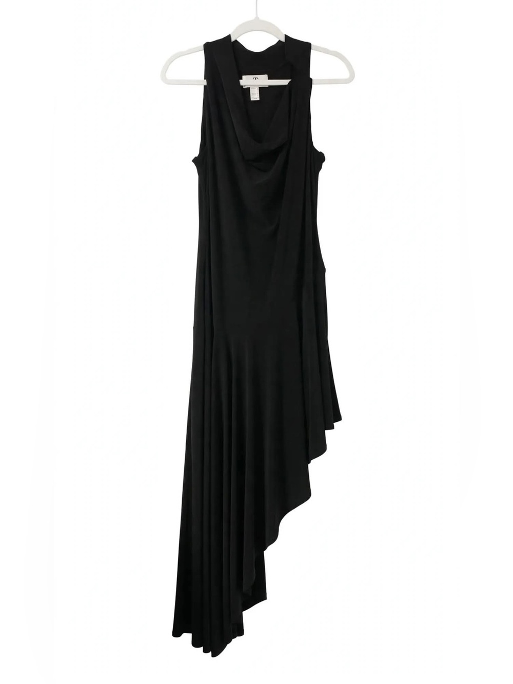 Joseph Ribkoff Size 12 Black Asymmetrical Cowl Drape Dress Sleeveless Flowy LBD